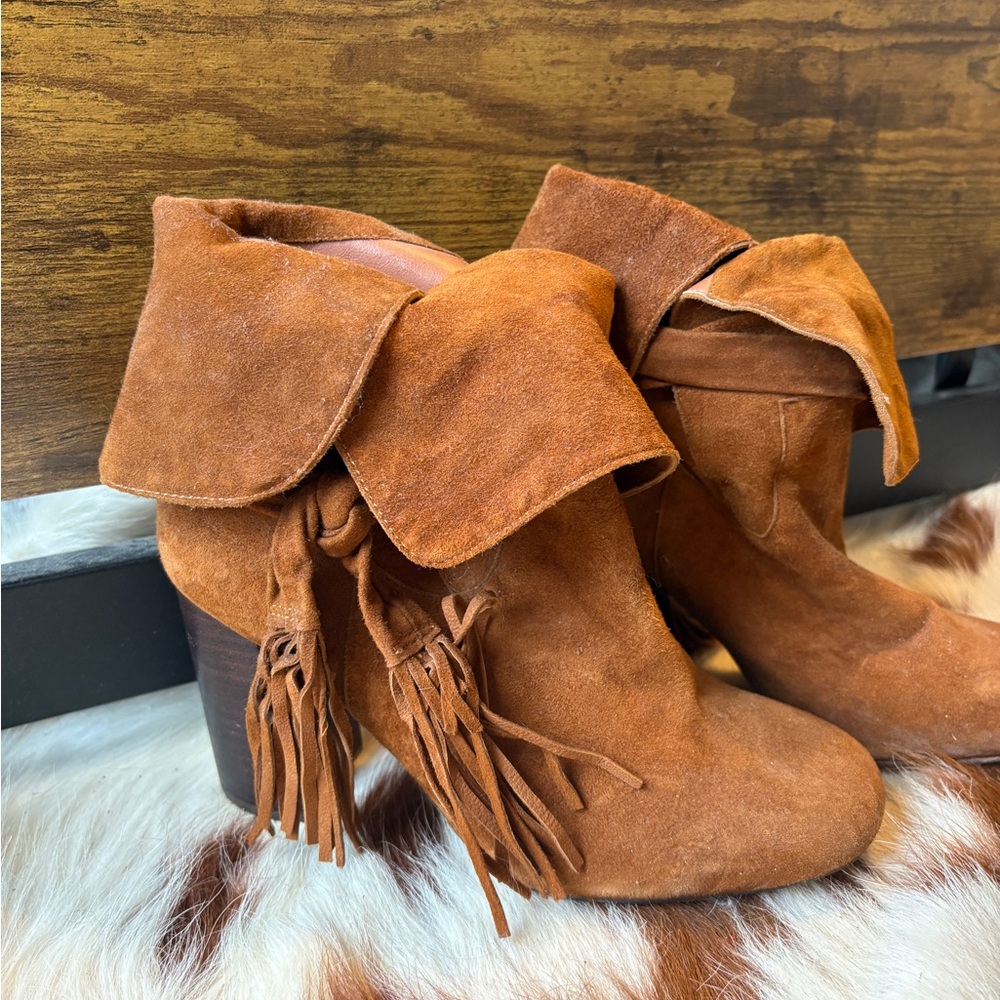 Suede Fringe Ankle Boots - Tan
